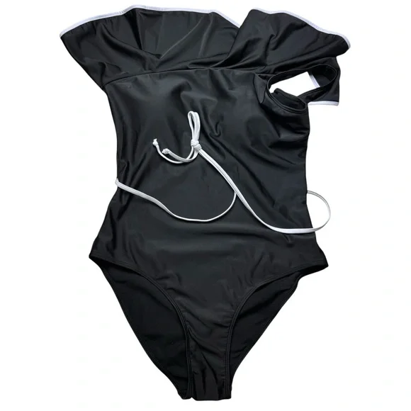 SHEIN Curve Black White Ruffle One Piece Plus Size Sexy Modest Slimming NWOT - Picture 4 of 8